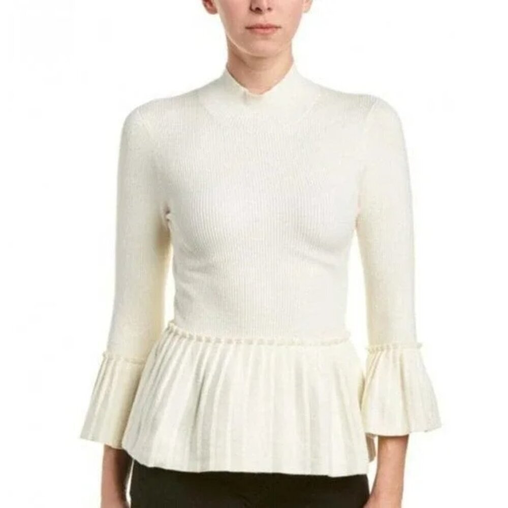 Ted Baker Lislie Pleated Ribbed Peplum Sweater Ivory Size 4